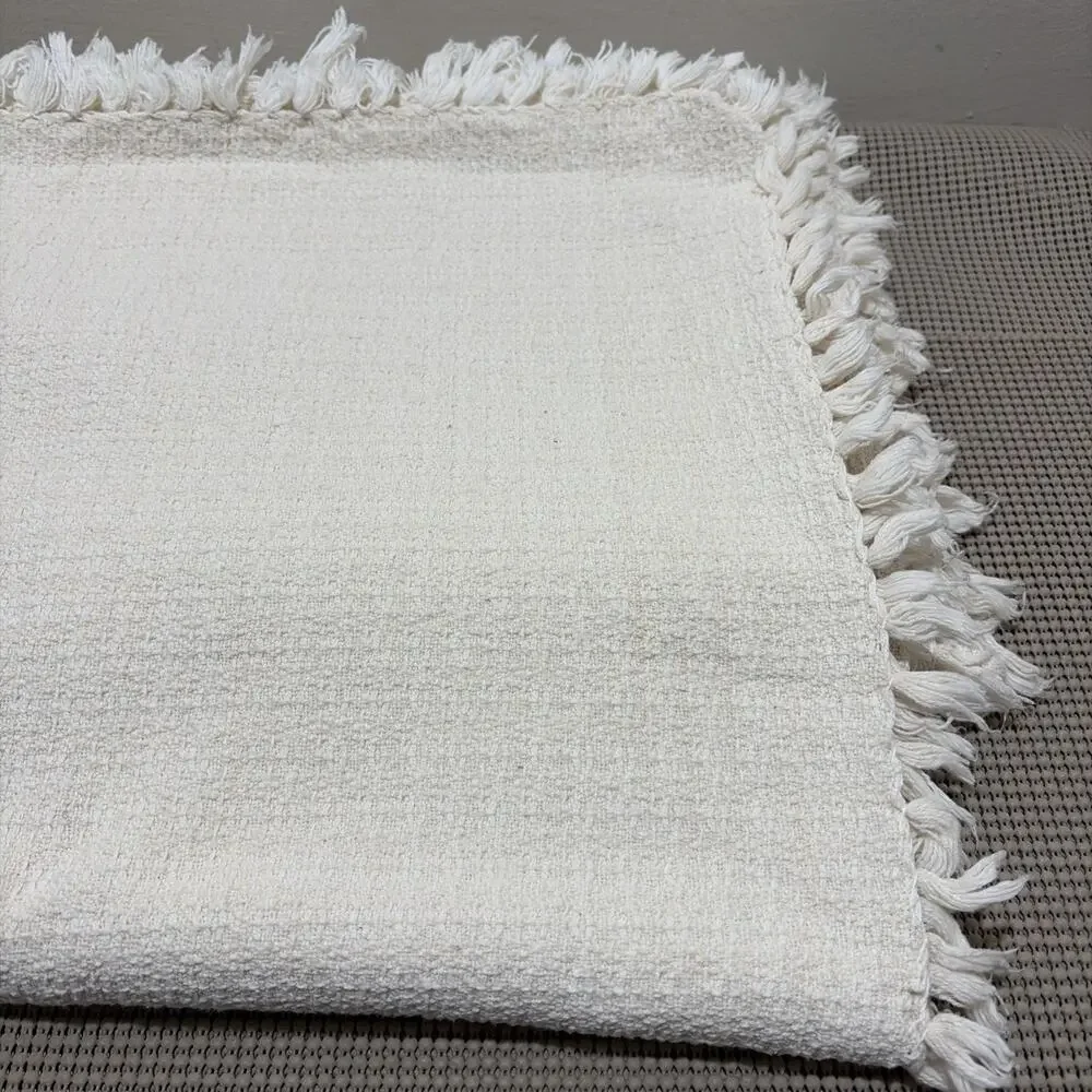 Oversized Cream Throw Blanket Textured Woven Cotton Fringe Edges 76x52 Vintage